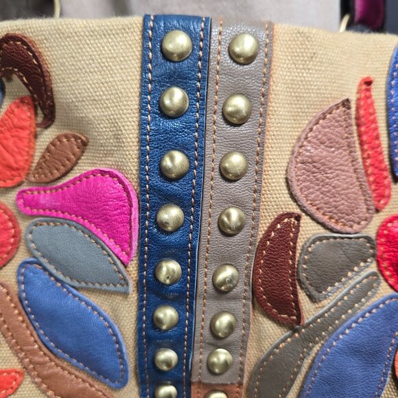 Boho Patchwork Leather Bag Studded Large Canvas Shoulder Handbag Tote Colorful - Picture 2 of 14
